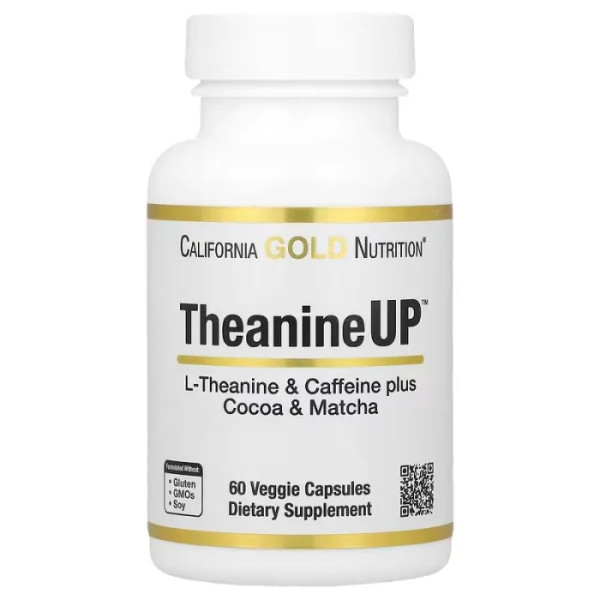 L-теанін та кофеїн, L-Theanine & Caffeine, California Gold Nutrition, з какао та матча, 60 рослинних капсул