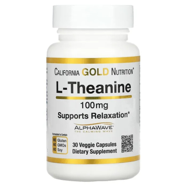 L-теанін, L-Theanine, California Gold Nutrition, розслаблююча дія, 100 мг, 30 вегетаріанських капсул