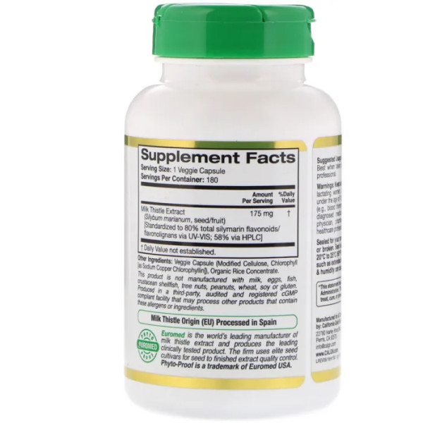 Экстракт расторопши, Milk Thistle Extract, California Gold Nutrition, европейское качество, 175 мг, 180 вегетарианских капсул