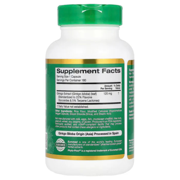 Екстракт гінкго білоба, Ginkgo Biloba Extract, California Gold Nutrition, 120 мг, 180 кап.
