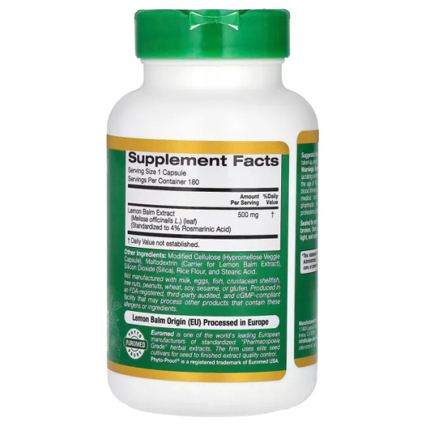 Меліса лікарська (лимонна м'ята), Lemon Balm, California Gold Nutrition, EuroHerbs, екстракт, 500 мг, 180 вегетаріанських капсул