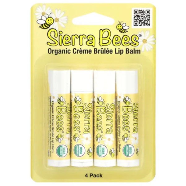 Бальзам для губ, органічний, Organic Lip Balms, Sierra Bees, крем-брюле (ваніль), 4 шт. по 4,25 г
