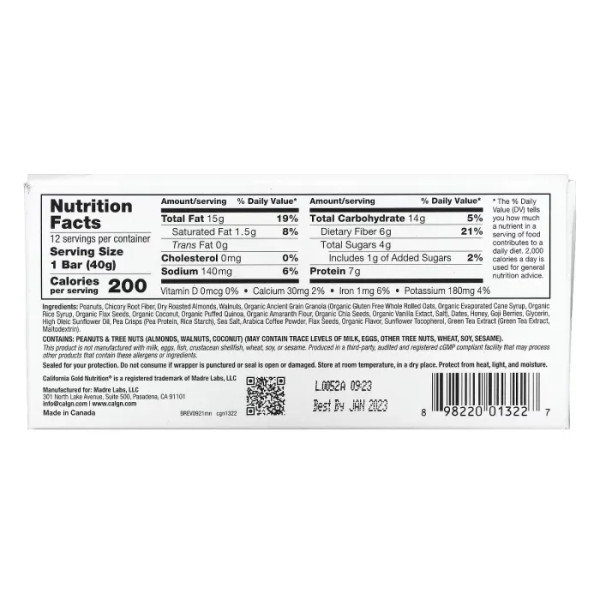 Закусочні батончики, Bars, California Gold Nutrition, FOODS, мокко та горіхи, 12 штук по 40 г