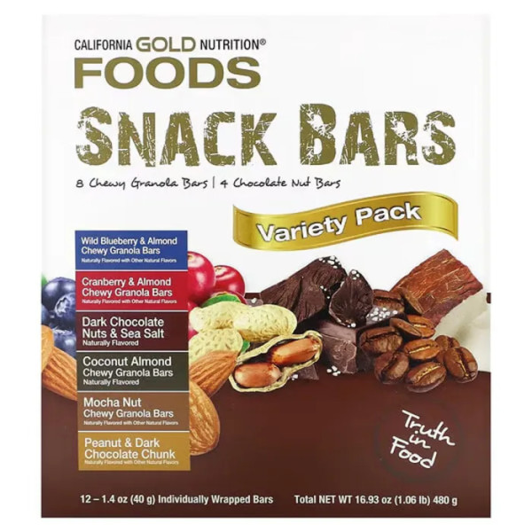 Батончики с разнообразными закусками, Snack Bars, California Gold Nutrition, 12 батончиков по 40 г