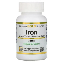 Залізо бісгліцинат 36 мг, California Gold Nutrition Ferrochel Iron Bisglycinate, 90 рослинних капсул