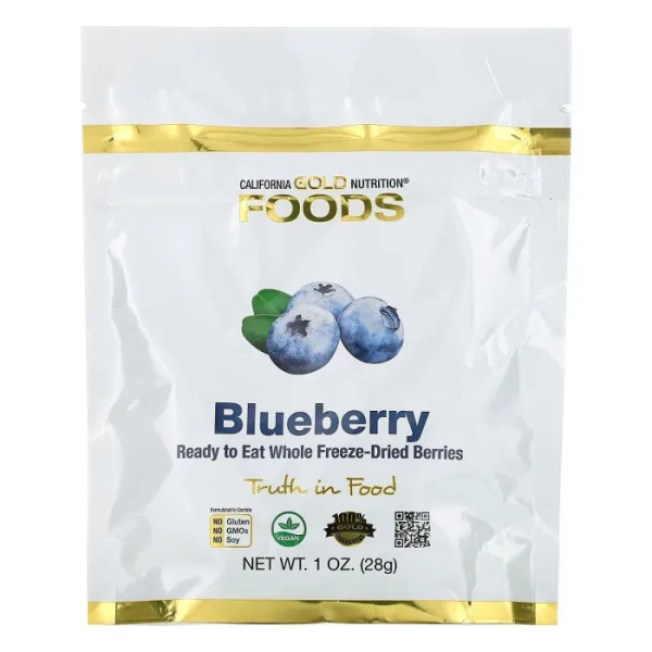 Чорниця, Blueberry, California Gold Nutrition, готові до вживання цілісні сублімовані ягоди, 28 г