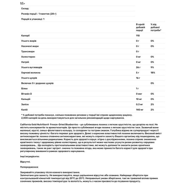 Чорниця, Blueberry, California Gold Nutrition, готові до вживання цілісні сублімовані ягоди, 28 г