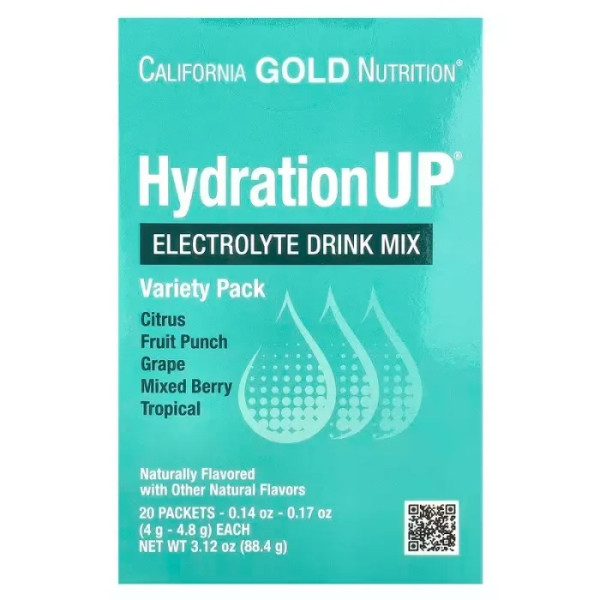 Електролітний напій, Electrolyte Drink Mix, Variety Pack, HydrationUP, California Gold Nutrition, асорті смаків, 20 пакетиків (4 г – 4.8 г кожен)