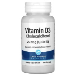 Вітамін D3 25 мкг 1000 МО, Vitamin D3 Lake Avenue Nutrition, 360 гелевих капсул