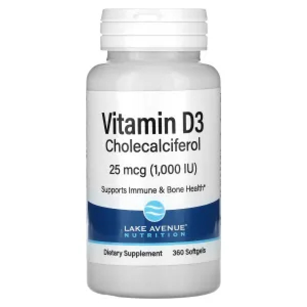Вітамін D3, Vitamin D3, Lake Avenue Nutrition, 25 мкг (1000 МО), 360 гелевих капсул