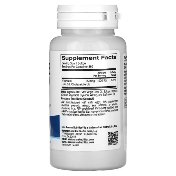Вітамін D3, Vitamin D3, Lake Avenue Nutrition, 25 мкг (1000 МО), 360 гелевих капсул