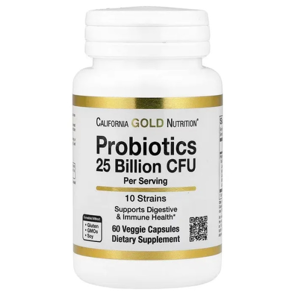 Пробіотики, Probiotics, California Gold Nutrition, суміш з 10 штамів, 25 млрд КУО, 60 рослинних капсул