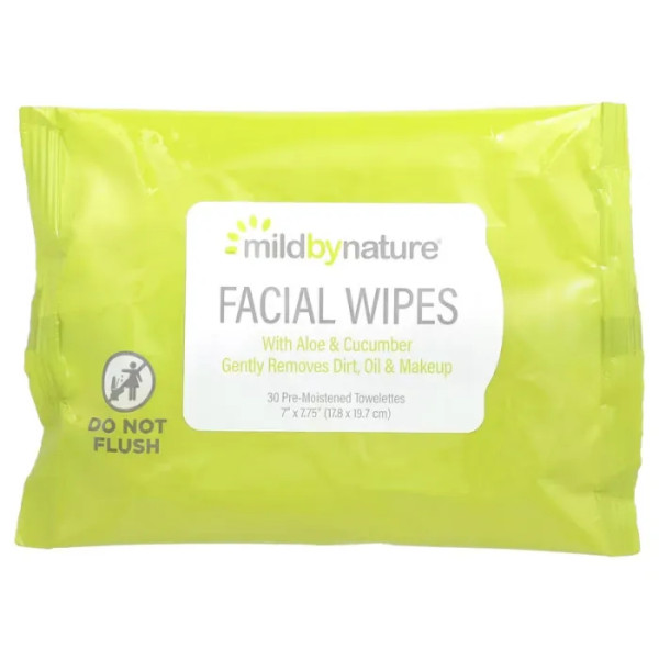 Серветки для обличчя, Aloe & Cucumber Facial Wipes, Mild By Nature, з екстрактами алое та огірка, біорозкладний продукт, 30 вологих серветок