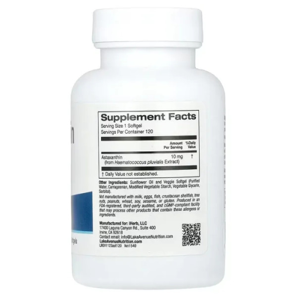 Астаксантин, Astaxanthin, Lake Avenue Nutrition, 10 мг, 120 вегетаріанських капсул