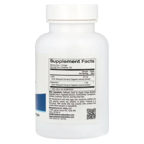 Лютеїн, Lutein, Lake Avenue Nutrition, 20 мг, 120 рослинних гелевих капсул