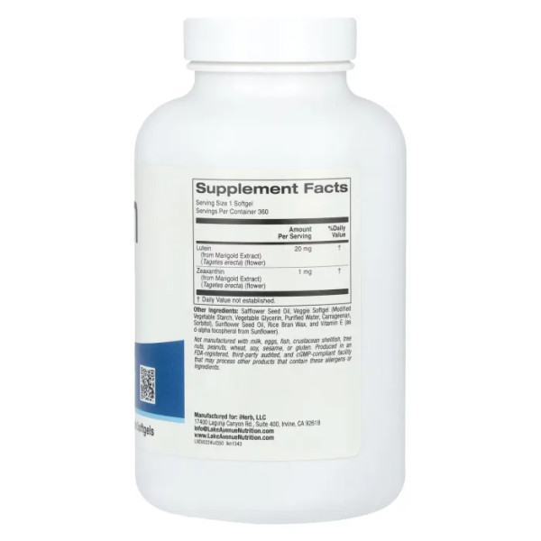 Лютеїн, Lutein, Lake Avenue Nutrition, 20 мг, 360 рослинних гелевих капсул