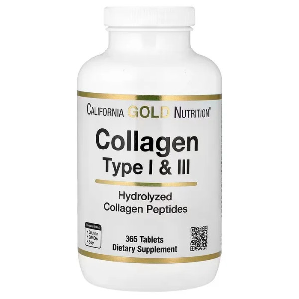 Гідролізований колаген, тип 1 і 3, Hydrolyzed Collagen Type 1 & 3, California Gold Nutrition, 3000 мг, 365 таблеток (1000 мг у таблетці)