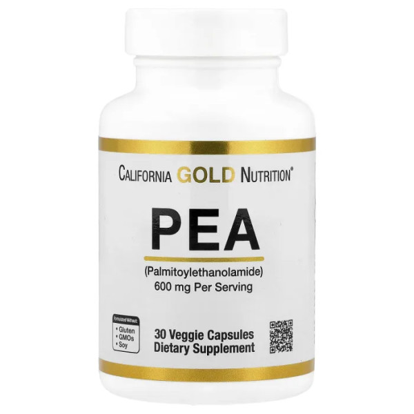 ПЕА (пальмітоілетаноламід), PEA (Palmitoylethanolamide), California Gold Nutrition, 600 мг, 30 вегетаріанських капсул (300 мг у капсулі)