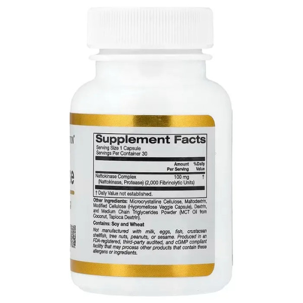 Наттокіназа, протеолітичний фермент, Nattokinase, California Gold Nutrition, 2000 FU, 30 вегетаріанських капсул