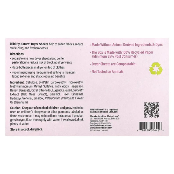 Серветки антистатичні, Dryer Sheets, Mild By Nature, з ароматом герані, 40 шт