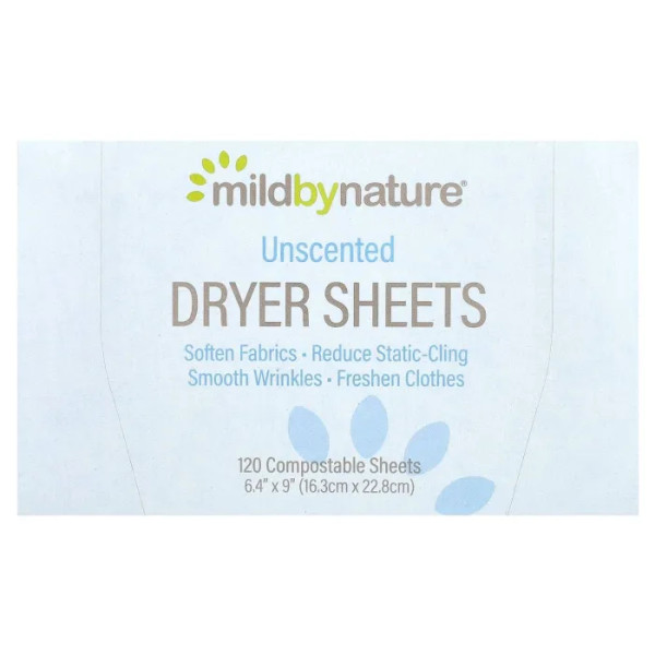 Серветки антистатичні, Dryer Sheets, Mild By Nature, без запаху, 120 біорозкладних серветок