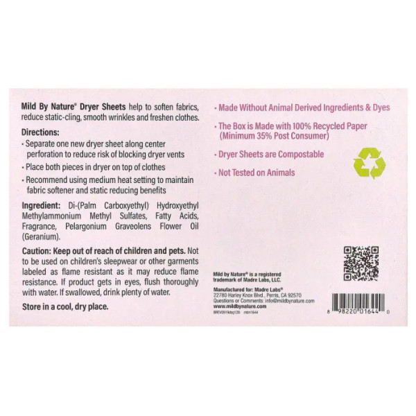 Серветки антистатичні, Dryer Sheets, Mild By Nature, з ароматом герані, 120 шт