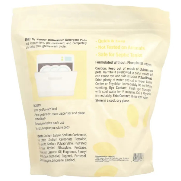 Капсули для миття посуду, Automatic Dishwashing Detergent Pods, Mild By Nature, з ароматом лимона, 60 капсул, 1,08 кг