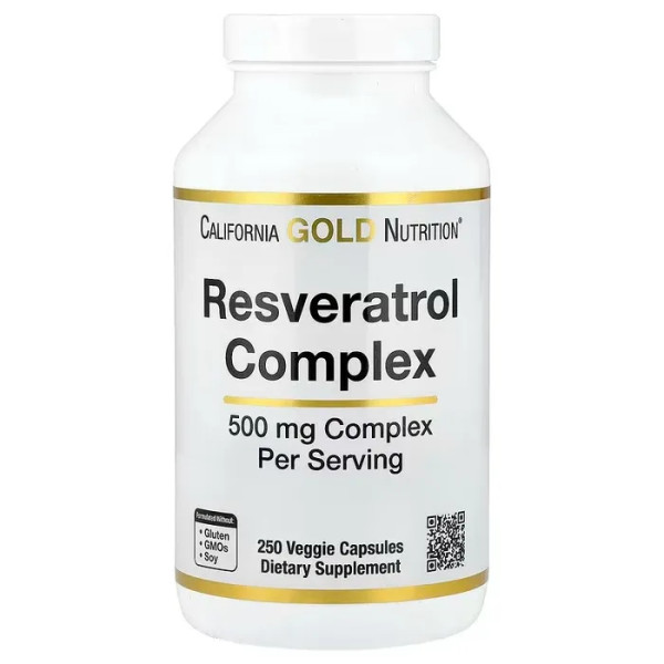 Ресвератрол, Resveratrol Complex, California Gold Nutrition, комплекс з екстрактом виноградних кісточок, екстрактом червоного вина та транс-ресвератролом, 500 мг, 250 веганських капсул