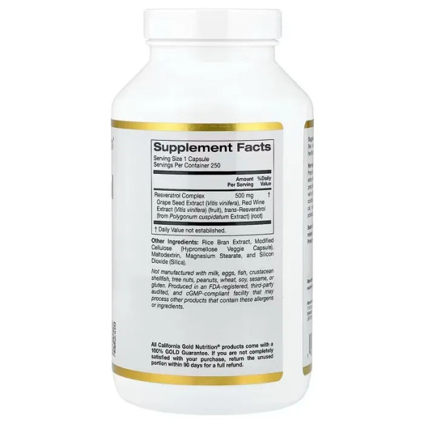 Ресвератрол, Resveratrol Complex, California Gold Nutrition, комплекс з екстрактом виноградних кісточок, екстрактом червоного вина та транс-ресвератролом, 500 мг, 250 веганських капсул