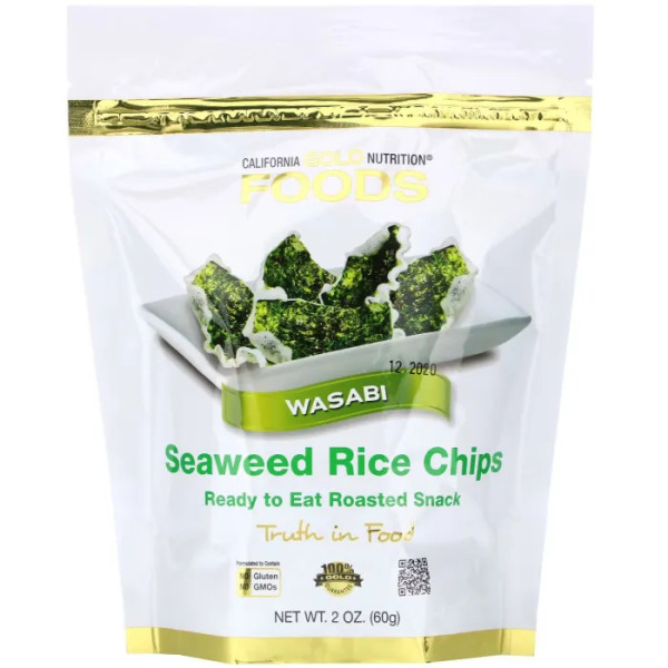 Рисові чіпси з морськими водоростями, Seaweed Rice Chips, California Gold Nutrition, з васабі, 60 г