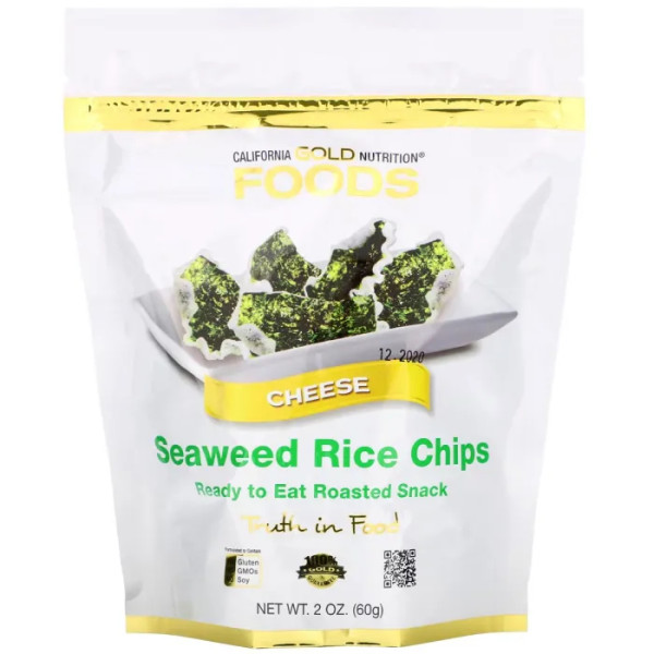 Рисові чіпси з морськими водоростями, Seaweed Rice Chips, Cheese, California Gold Nutrition, зі смаком сиру, 60 г