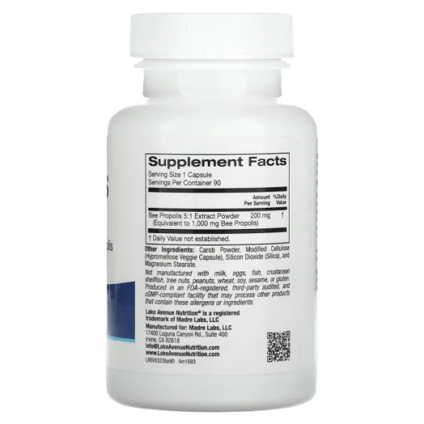 Бджолиний прополіс, Bee Propolis, 5:1 Extract, Lake Avenue Nutrition, 1000 мг, 90 вегетаріанських капсул