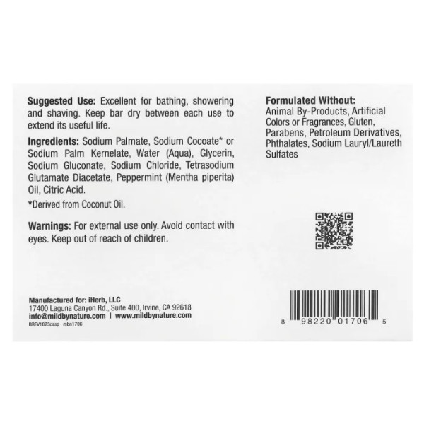 Мило кастильське, Castile Bar Soap, Mild By Nature, з ароматом перцевої м'яти, 141 г