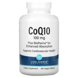 Коензим Q10 з біоперином 100 мг, CoQ10 Plus Bioperine Lake Avenue Nutrition, 365 рослинних гелевих капсул