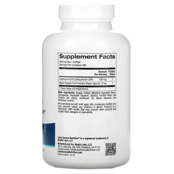 Коензим Q10 плюс біоперин, CoQ10 Plus Bioperine, Lake Avenue Nutrition, 100 мг, 365 рослинних гелевих капсул