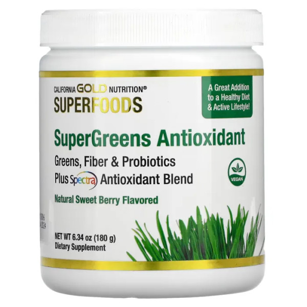 Комплекс антиоксидантів із суперзелені, Supergreens Antioxidant, California Gold Nutrition, SUPERFOOD, зі смаком солодкої ягоди, 180 г
