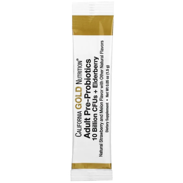 Пребіотики та пробіотики для дорослих, Adult Pre-Probiotics, California Gold Nutrition, 10 мільярдів КУО + бузина, з натуральним смаком полуниці та дині, 30 пакетиків по 1.5 г
