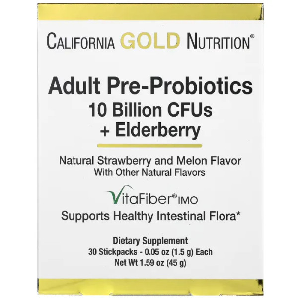 Пребіотики та пробіотики для дорослих, Adult Pre-Probiotics, California Gold Nutrition, 10 мільярдів КУО + бузина, з натуральним смаком полуниці та дині, 30 пакетиків по 1.5 г