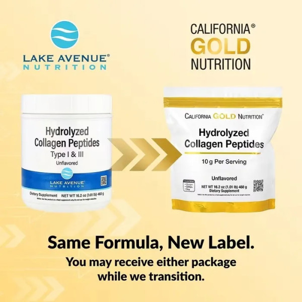 Колагенові пептиди, Hydrolyzed Collagen Peptides, California Gold Nutrition, гідролізовані, типи I та III, без домішок, 460 г