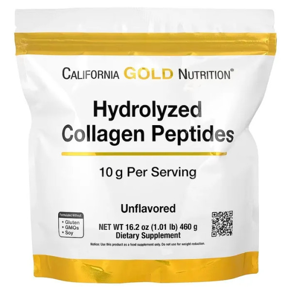 Колагенові пептиди, Hydrolyzed Collagen Peptides, California Gold Nutrition, гідролізовані, типи I та III, без домішок, 460 г