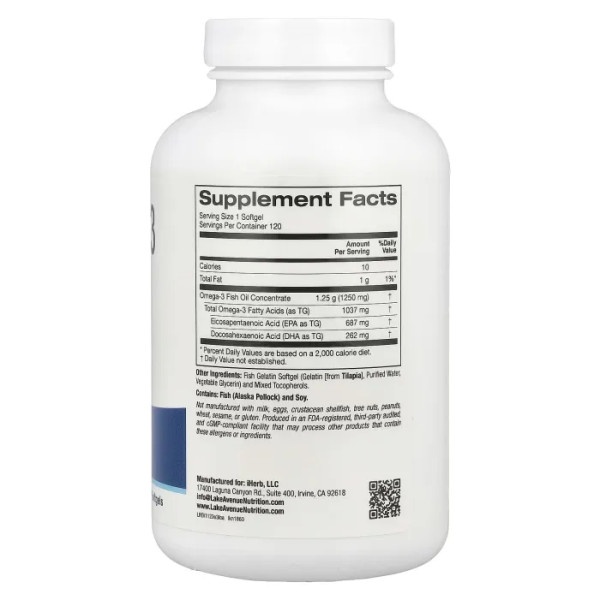 Омега-3, риб'ячий жир, Omega-3 Fish Oil, Lake Avenue Nutrition, 1250 мг, 120 капсул з риб'ячого желатину