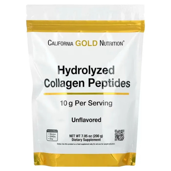 Колагенові пептиди, Hydrolyzed Collagen Peptides, California Gold Nutrition, гідролізовані, типи I та III, без домішок, 200 г
