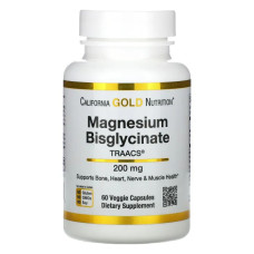 Магній бісгліцинат 200 мг, California Gold Nutrition Magnesium Bisglycinate, 60 рослинних капсул