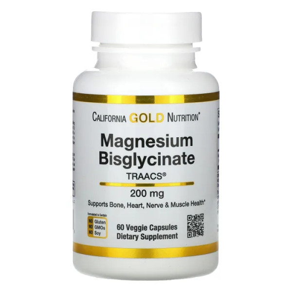 Магній бігліцинат, Magnesium Bisglycinat, California Gold Nutrition, 200 мг, 60 рослинних капсул