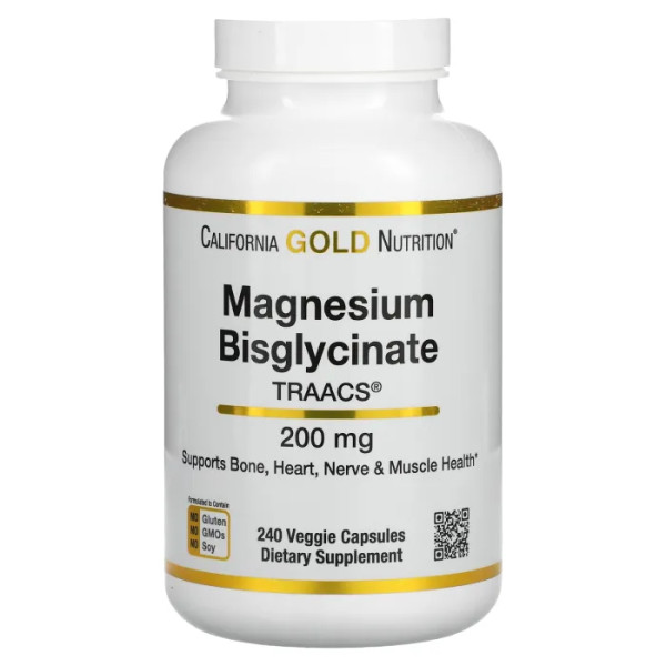 Магній бігліцинат, Magnesium Bisglycinat, California Gold Nutrition, 200 мг, 240 рослинних капсул