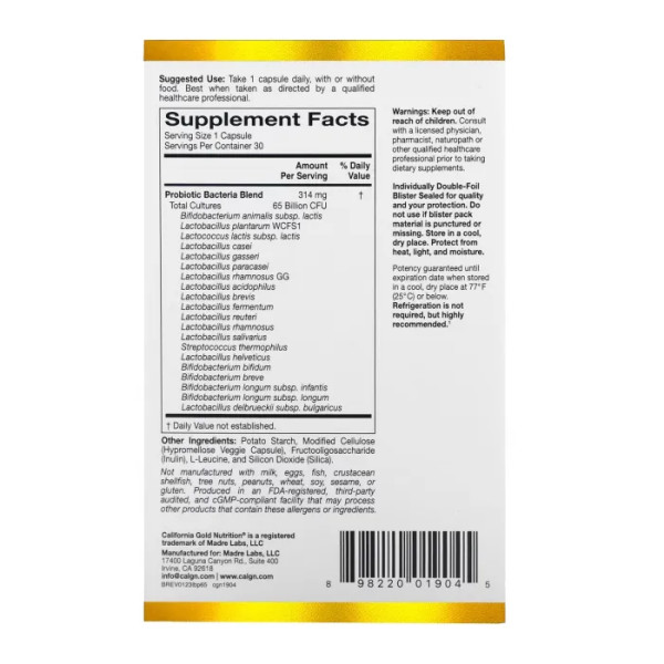 Пробіотики, LactoBif 65 Probiotics, California Gold Nutrition, 65 млрд КУО, 30 вегетаріанських капсул