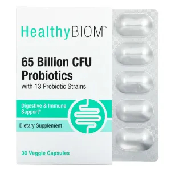 Пробіотики, Probiotics, HealthyBiom, 65 млрд КУО, 13 штамів, 30 вегетаріанських капсул