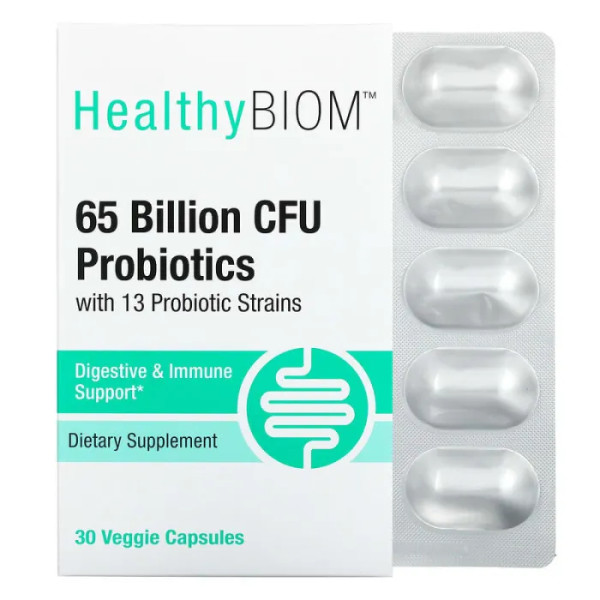 Пробіотики, Probiotics, HealthyBiom, 65 млрд КУО, 13 штамів, 30 вегетаріанських капсул