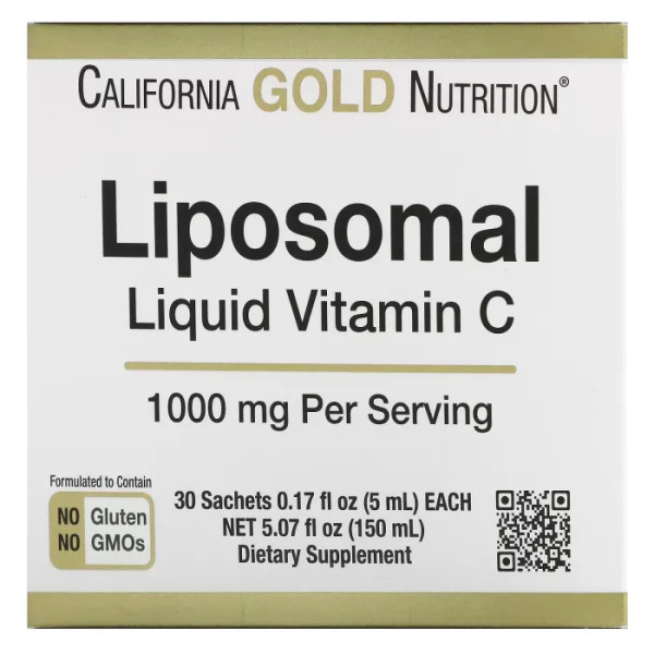 Ліпосомальний вітамін C, Liposomal Vitamin C, California Gold Nutrition, рідкий, без смаку, 1000 мг, 30 пакетиків по 5 мл