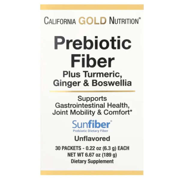 Пребіотична клітковина + куркума, імбир та босвеллія, Prebiotic Fiber Plus Turmeric, Ginger, Boswellia, California Gold Nutrition, 30 пакетиків (6.3 г кожен)